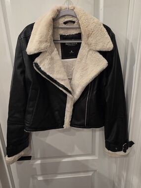 Hollister Black Faux Leather Jacket with Cream Shearling